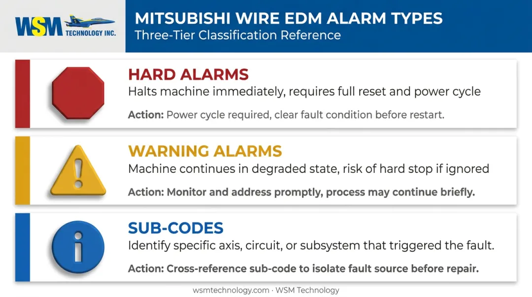 Mitsubishi Wire EDM alarm types hard warning and sub-code classification infographic