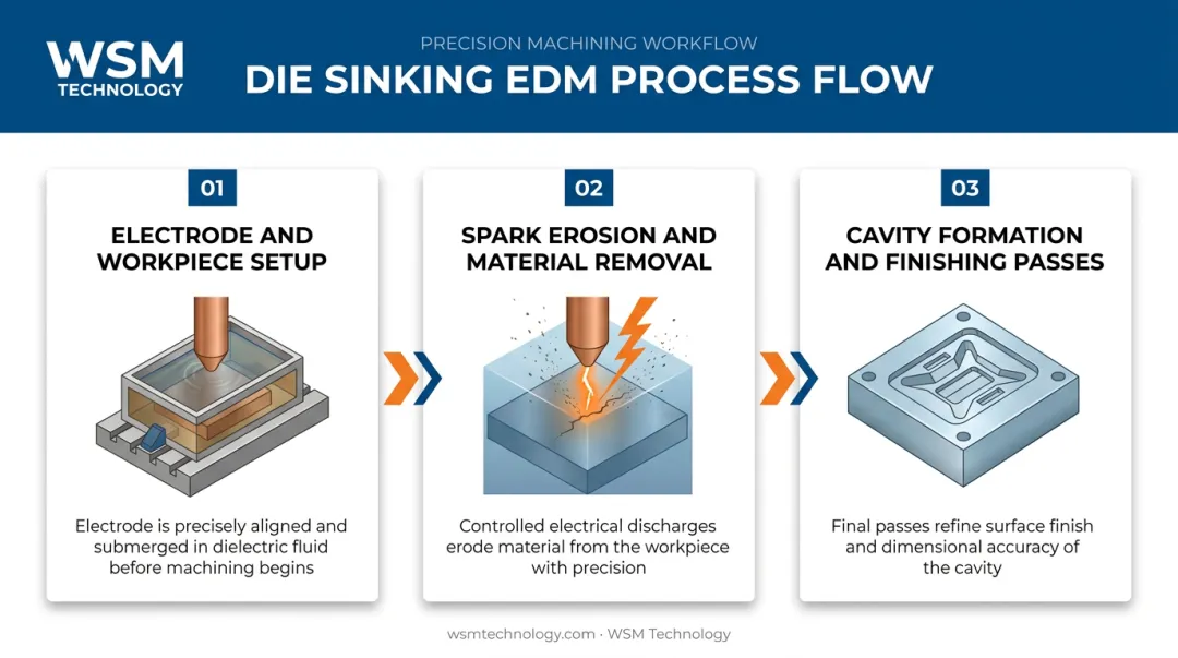 3-step die sinking EDM process from electrode setup to finishing