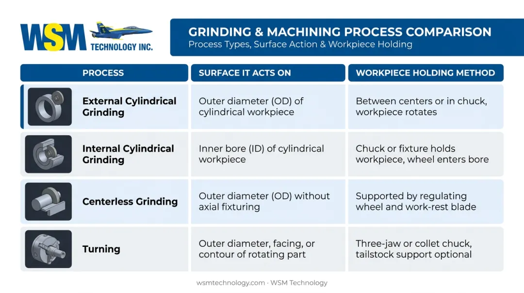 Four grinding process types comparison table showing workpiece holding and surface acted on