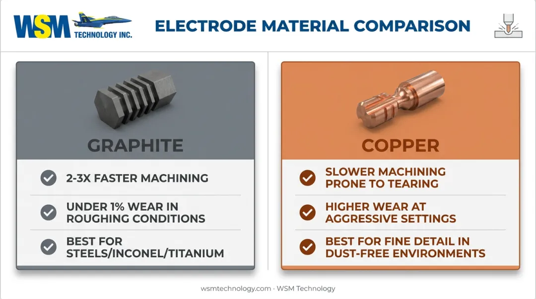 Graphite versus copper electrode comparison for sinker EDM performance and wear rate