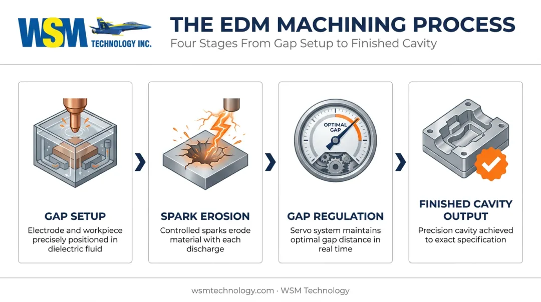 4-stage ram sinker EDM process flow from gap setup to finished cavity