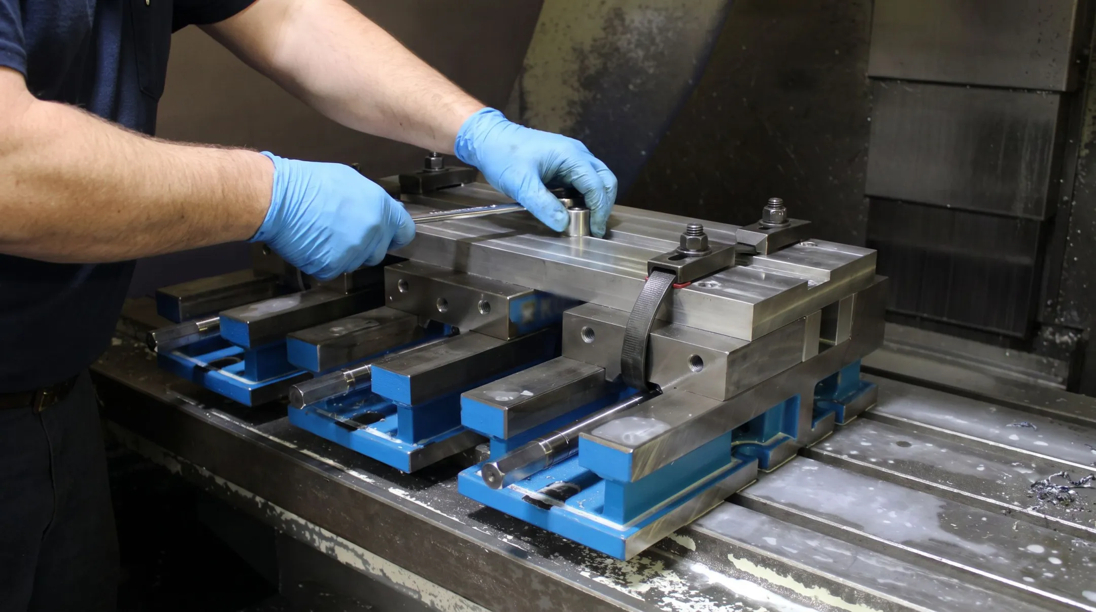CNC machinist adjusting clamping fixture on metal workpiece