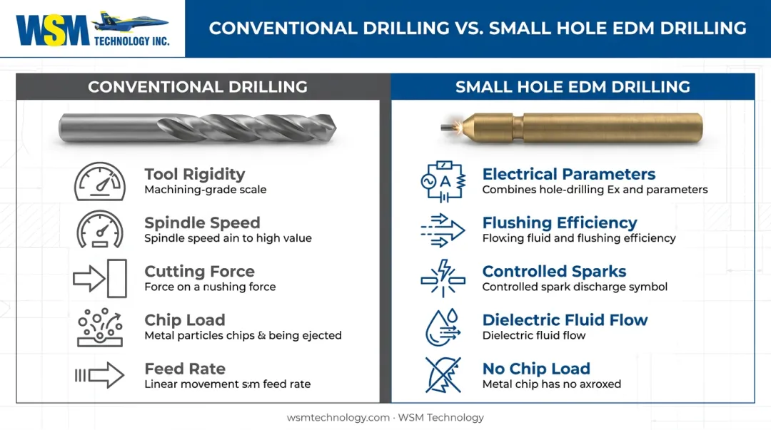 Conventional drilling versus small hole EDM drilling mechanics comparison chart