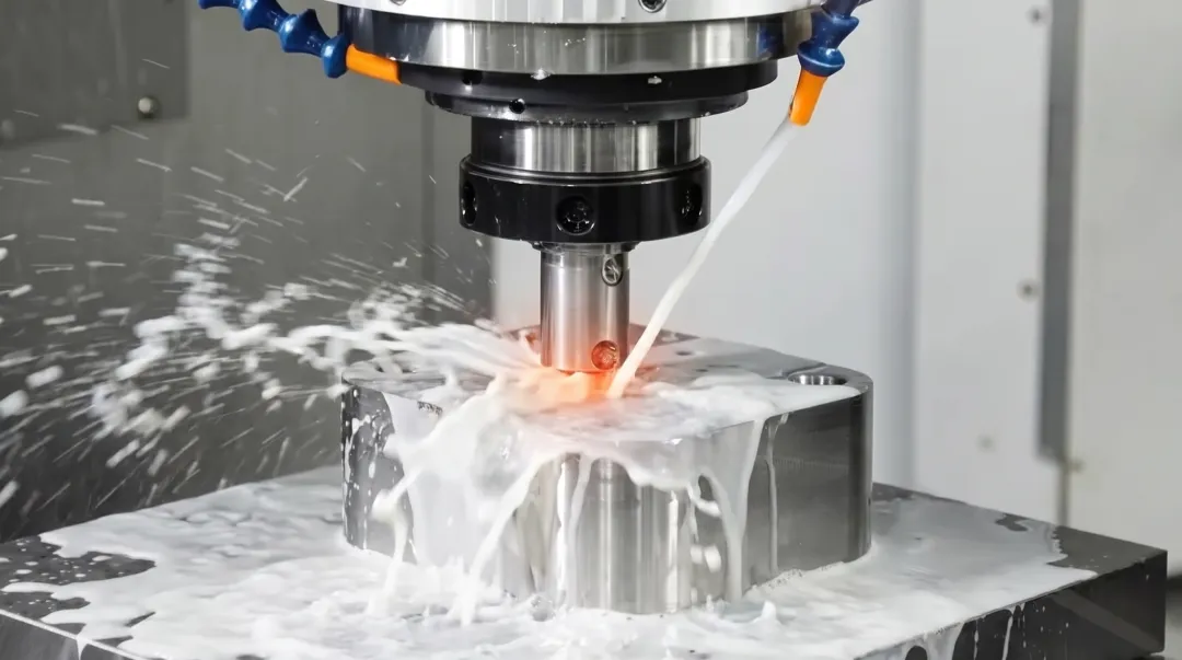 Titanium alloy workpiece being precision machined on CNC mill with coolant