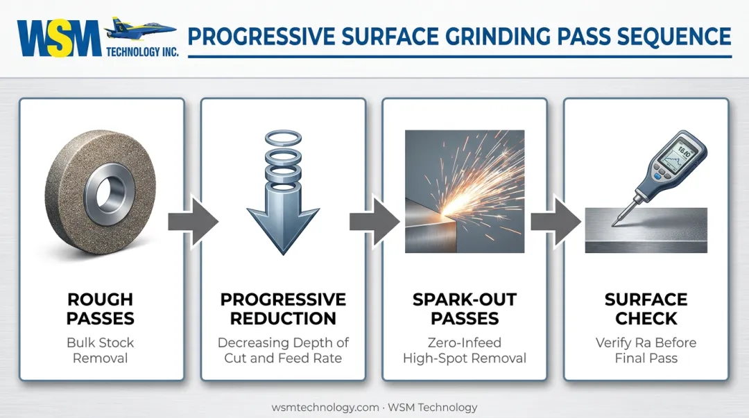 4-step progressive surface grinding passes from rough cut to spark-out