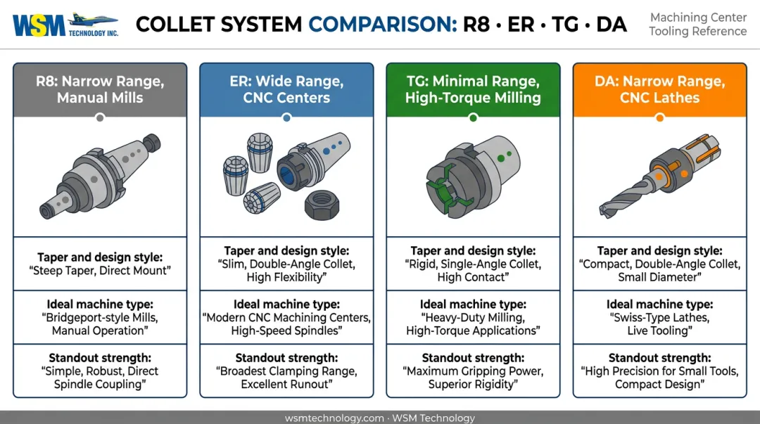 R8 ER TG and DA milling collet types comparison chart with specs