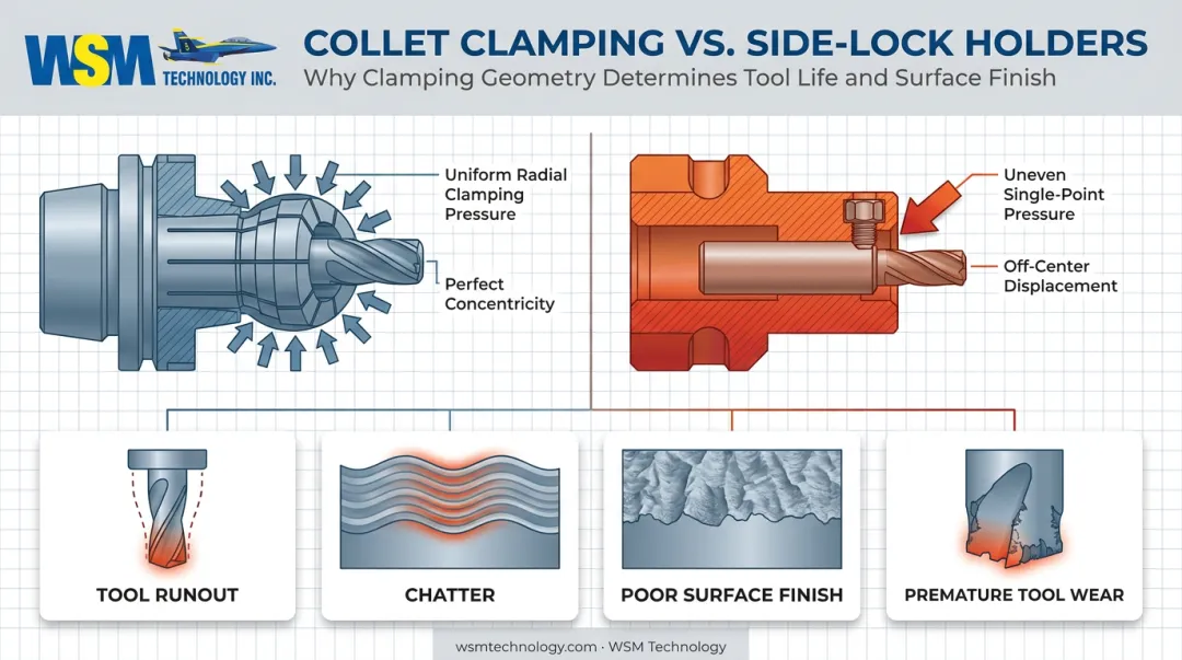 Collet versus side-lock holder clamping comparison showing runout and chatter effects