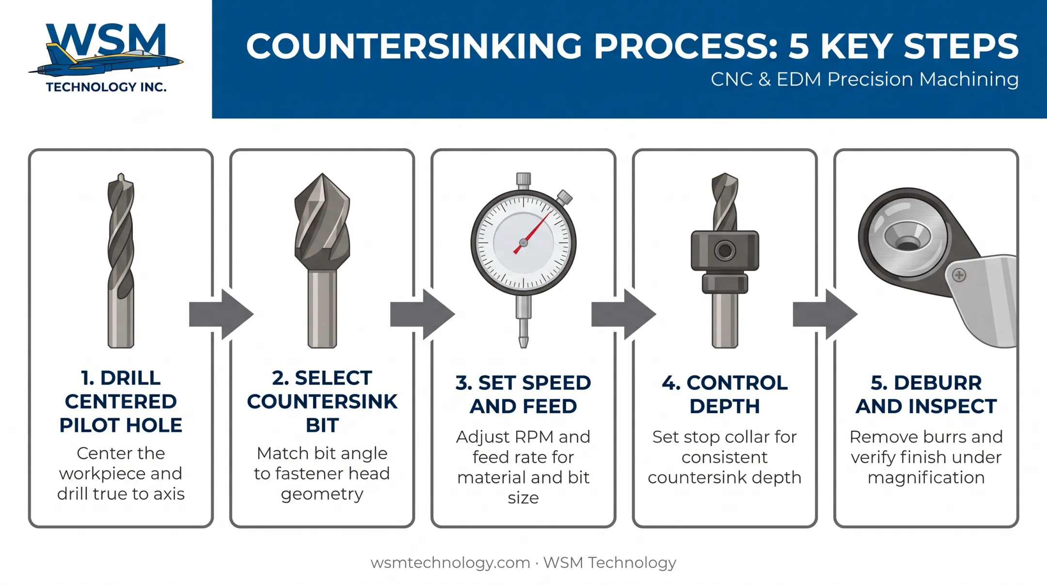 5-step process flow for machining a precise countersink hole