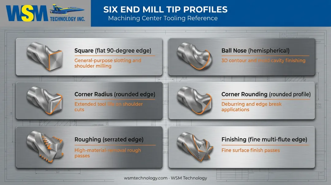 Six end mill tip geometries compared by shape and cutting application