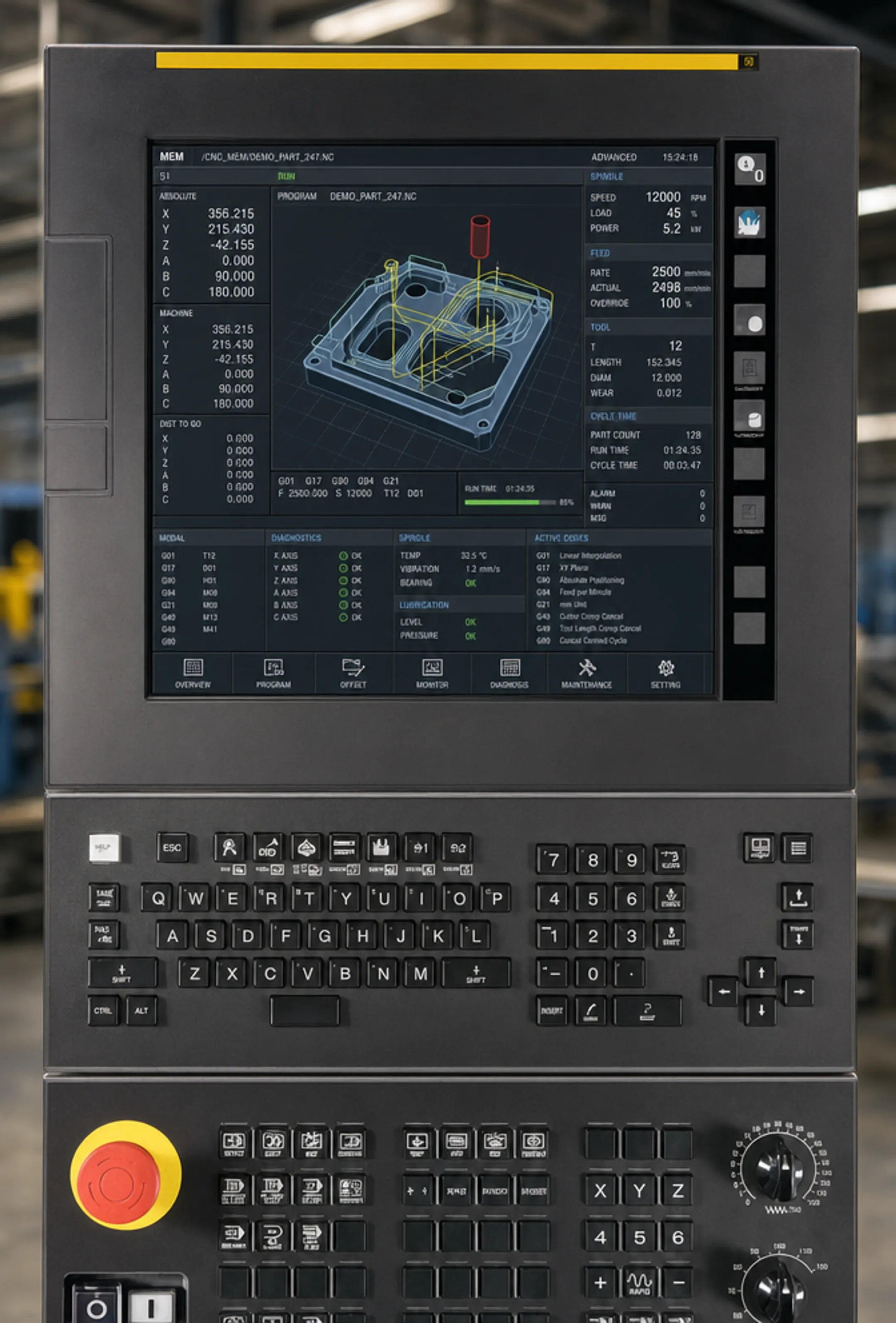 Industrial CNC control panel displaying multi-axis machining interface and diagnostics