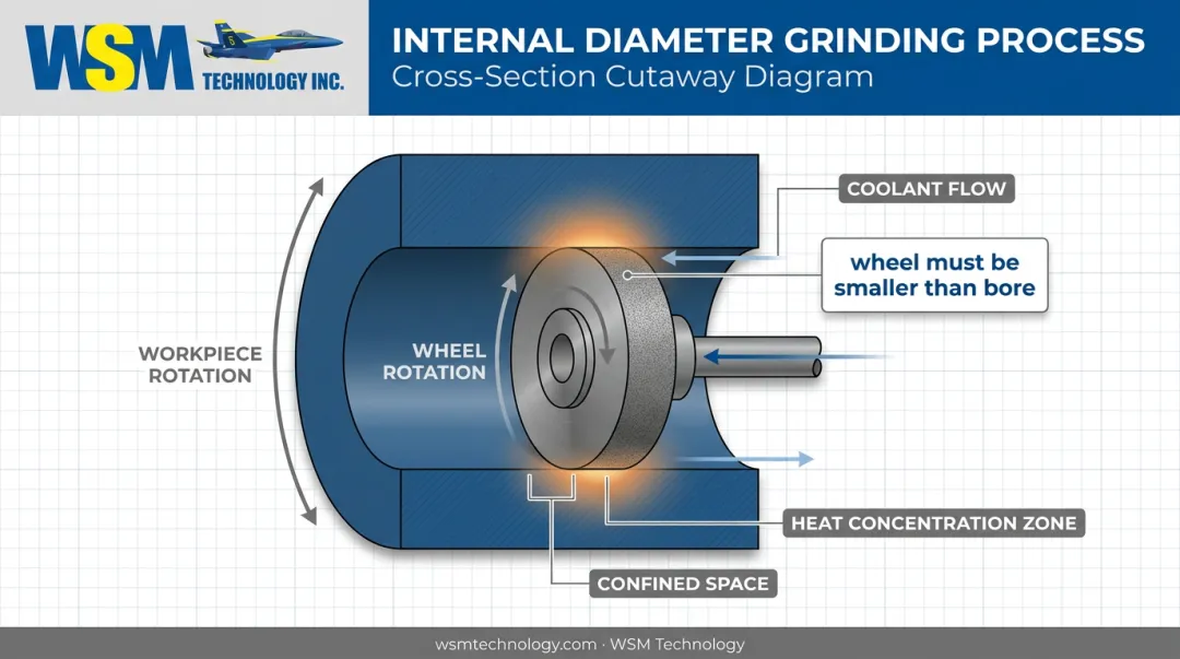Cross-section diagram of ID grinding wheel operating inside bore