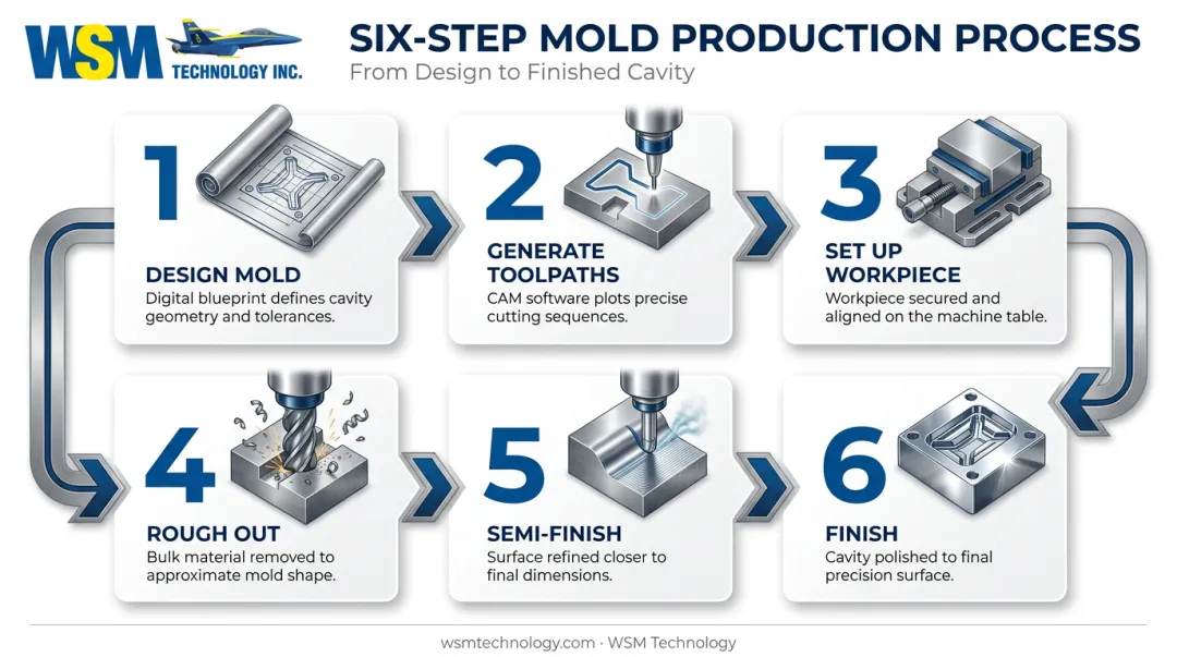 6-step mold production process from CAD design to final finishing