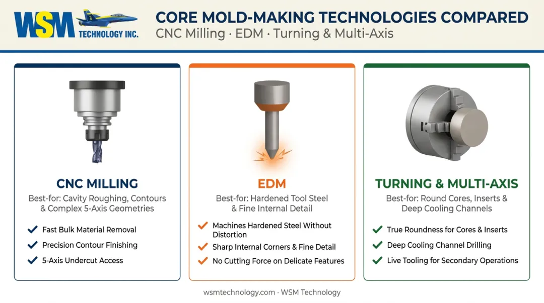 CNC milling EDM and turning technology roles in mold making compared