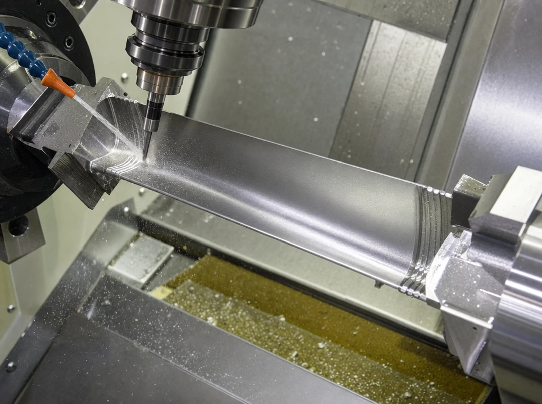 CNC machinist milling turbine blade on multi-axis machining center