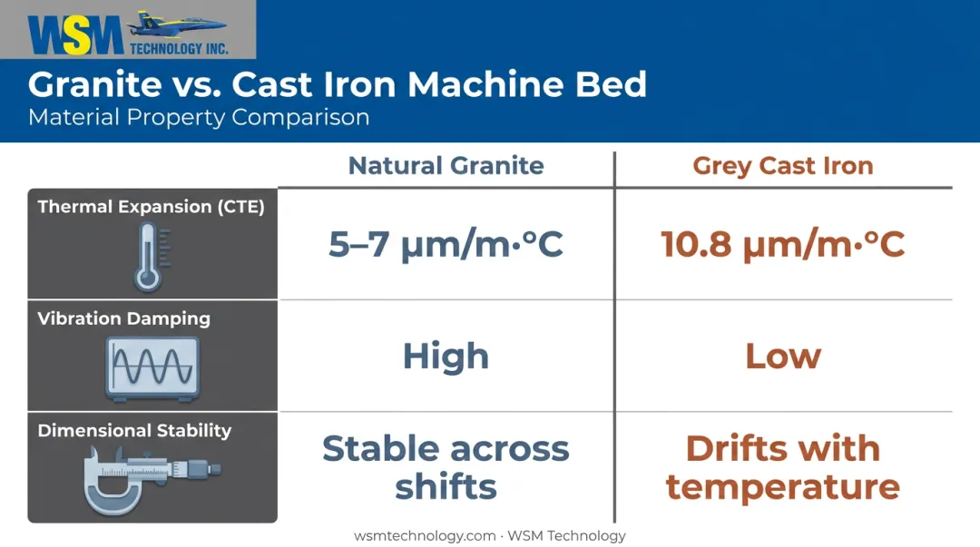 Granite versus cast iron thermal expansion and vibration damping properties comparison infographic