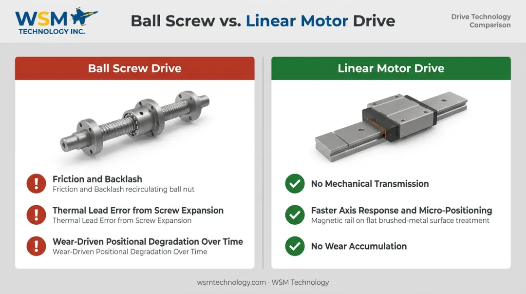Ball screw drive versus linear motor drive axis accuracy and error sources comparison