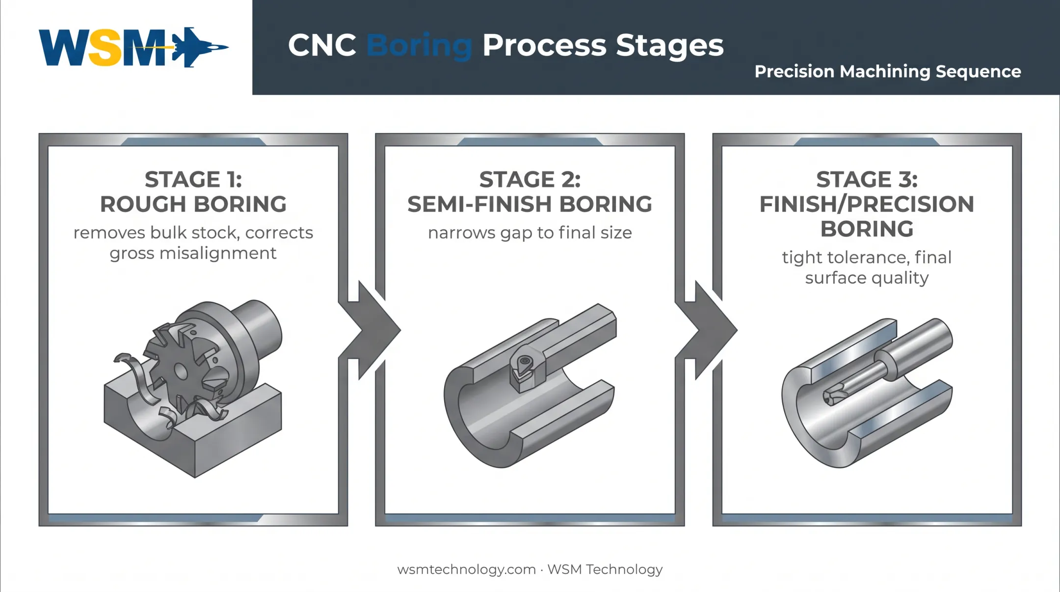 Three-stage CNC boring process from rough to finish boring