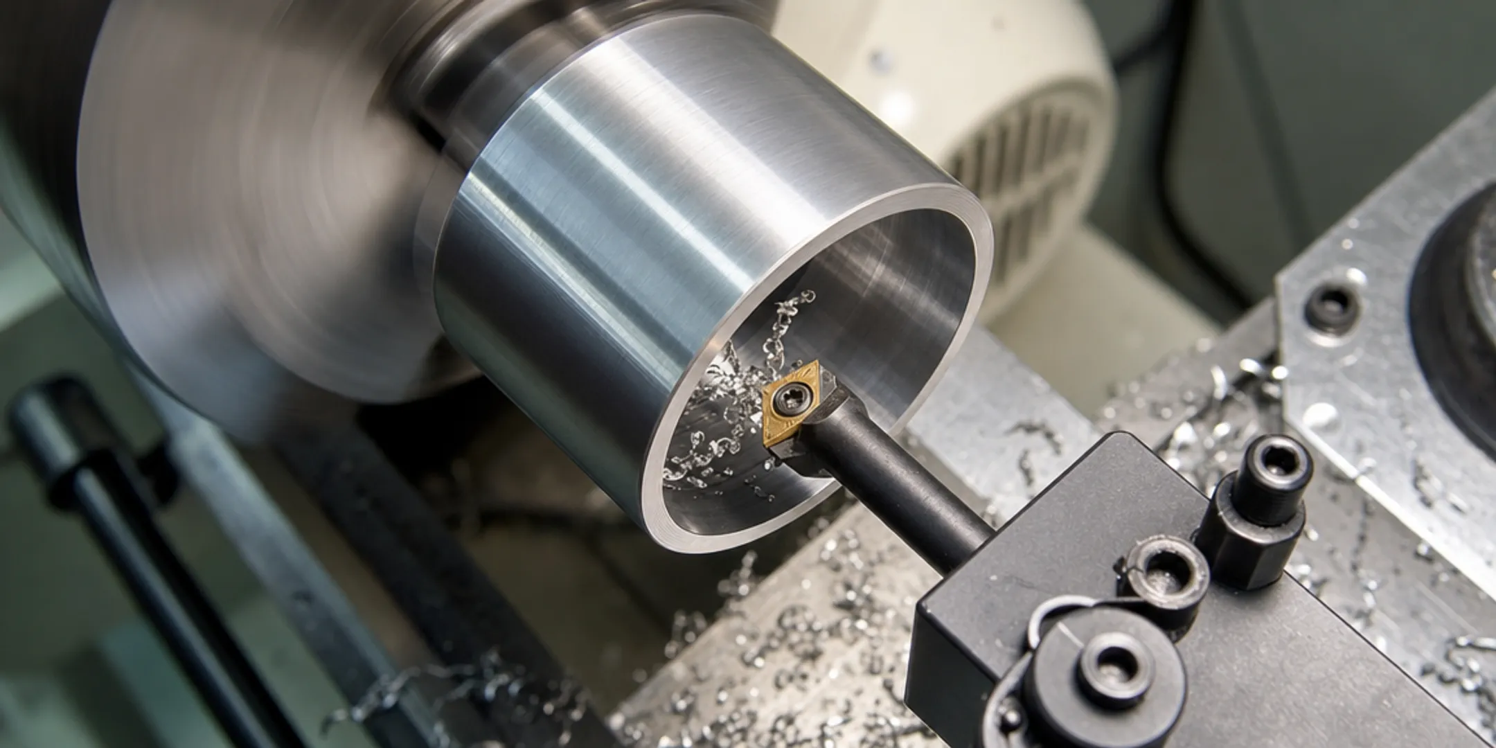 CNC boring bar cutting inside metal cylinder bore during machining operation