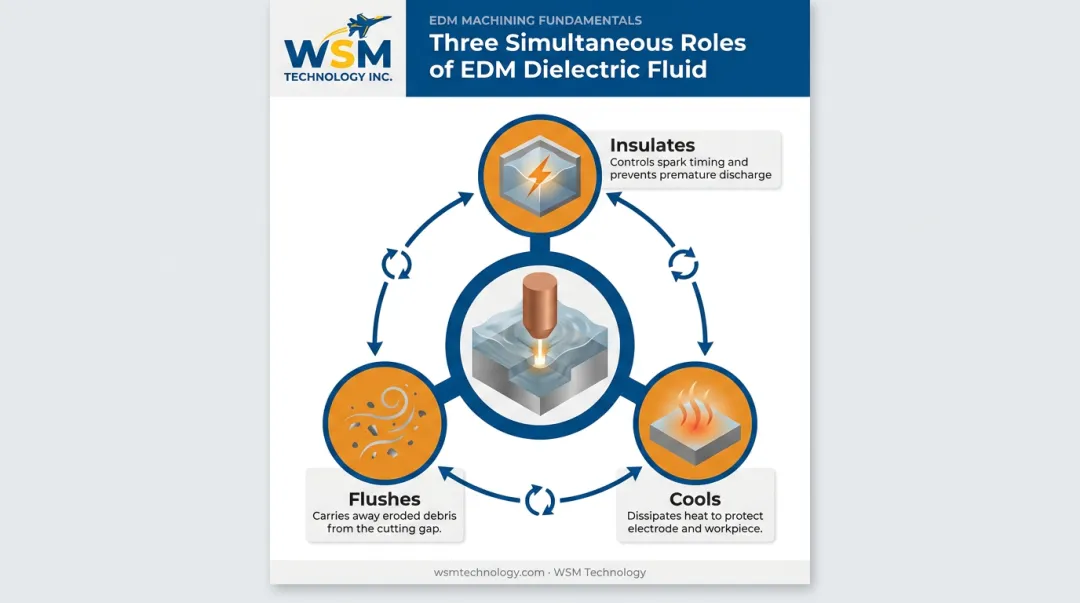 Three simultaneous functions of dielectric fluid during EDM machining process