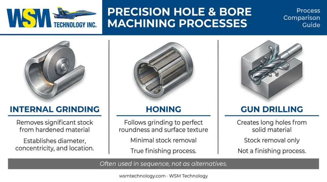 Internal grinding vs honing vs gun drilling three-process comparison infographic