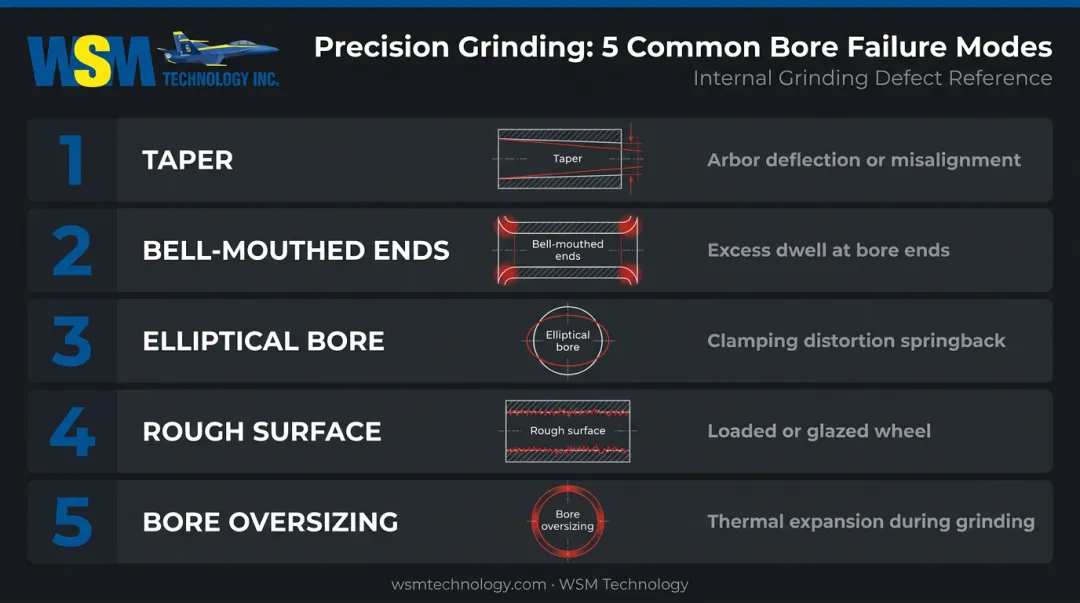 Five common internal grinding failure modes causes and bore geometry diagrams