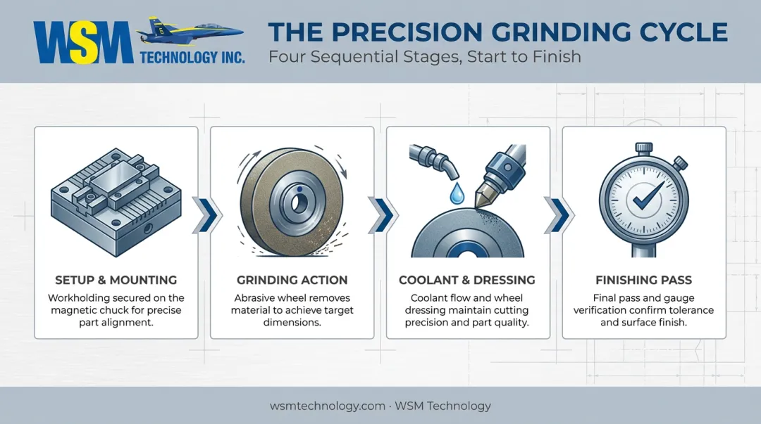 Four-stage surface grinding process from setup to finishing pass
