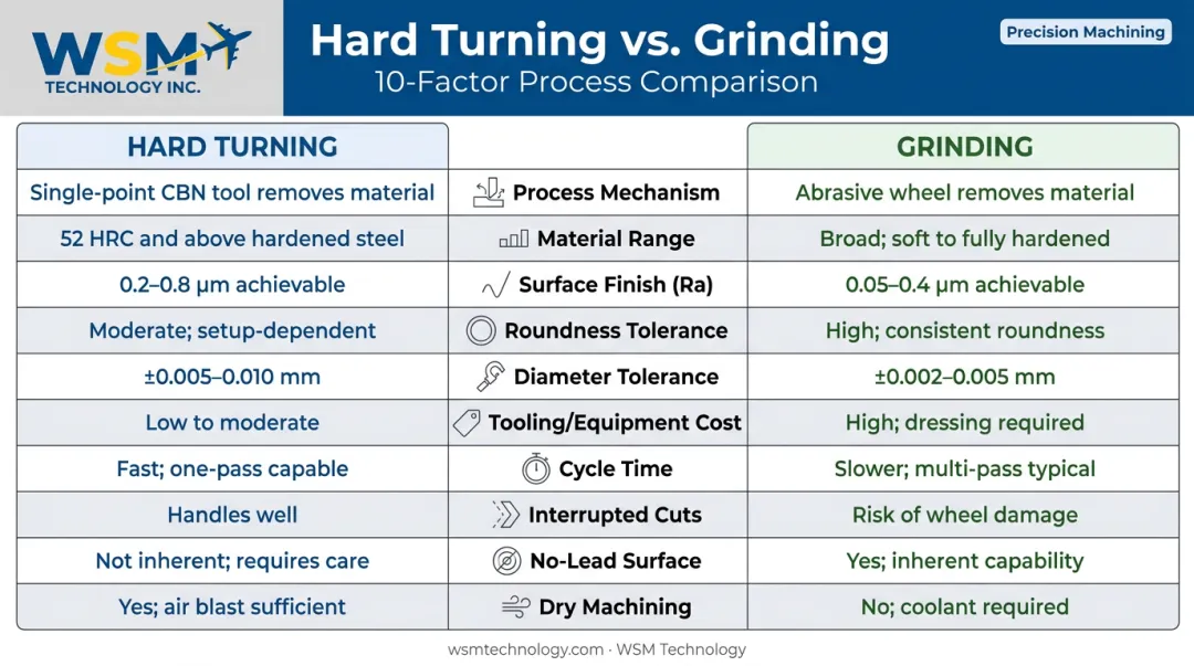 Hard turning versus grinding 10-factor side-by-side comparison infographic