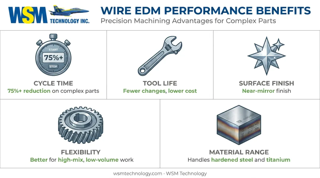 Key benefits of high-speed CNC machining showing cycle time and tool life gains