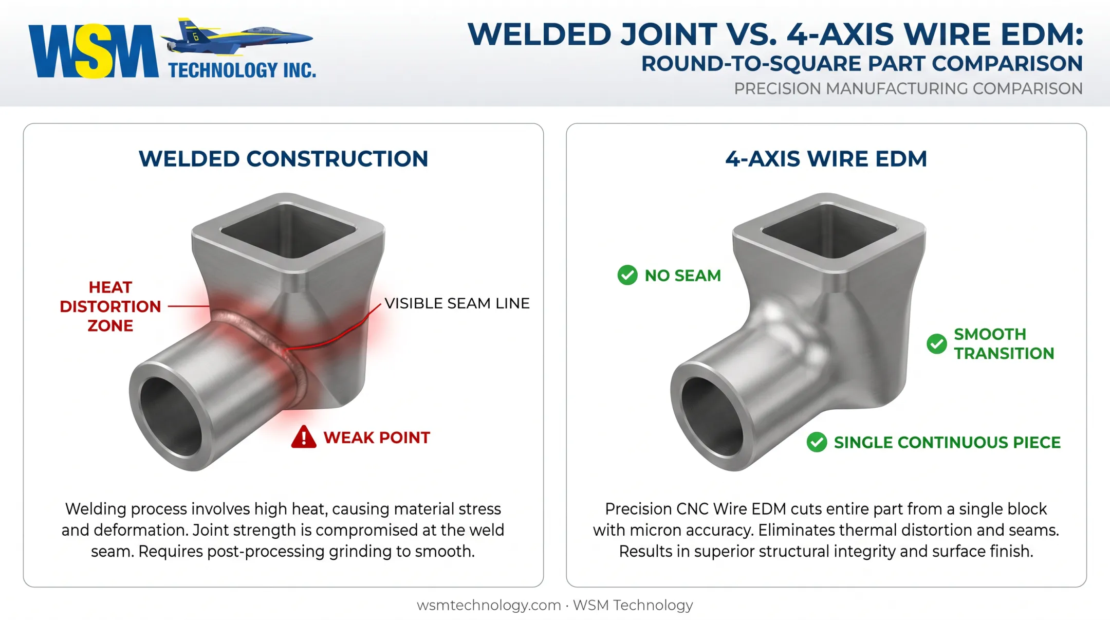 Welded seam versus continuous wire EDM cut transition comparison