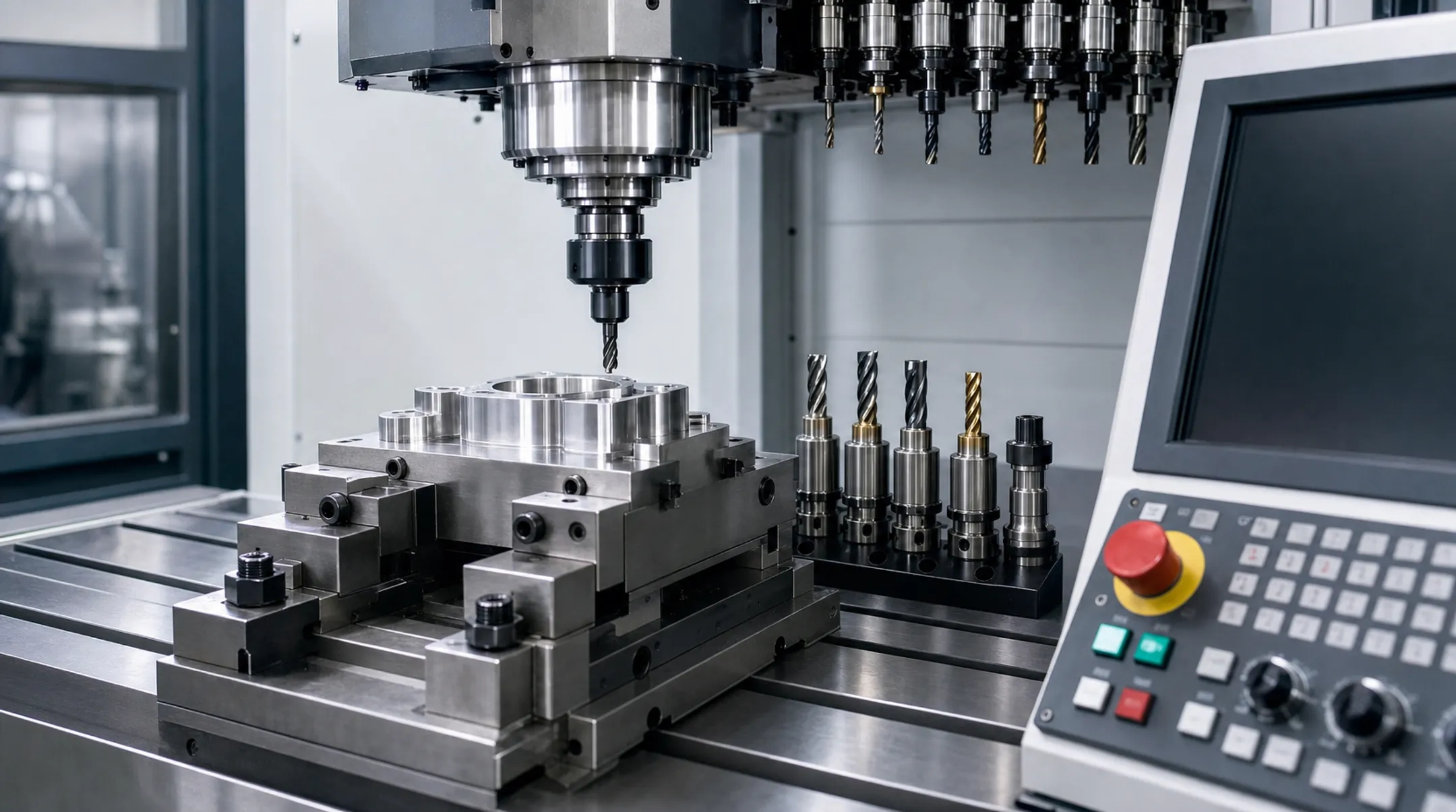 CNC mill workholding fixture and cutting tools setup on machine table