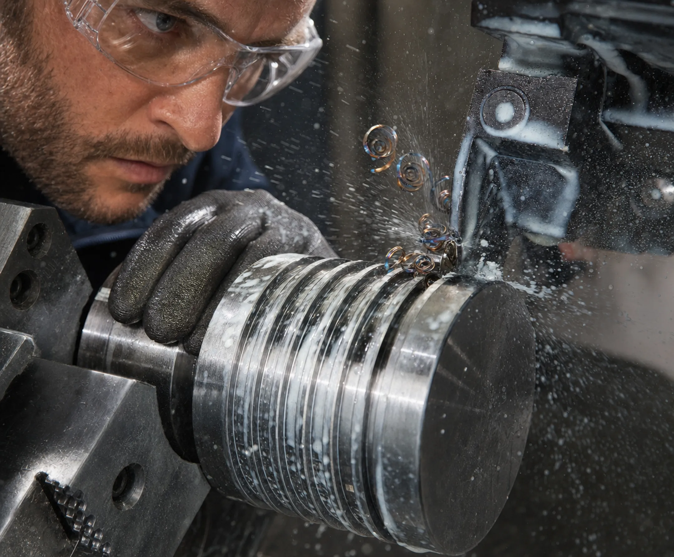 Machinist inspecting metal chip formation during CNC milling cut