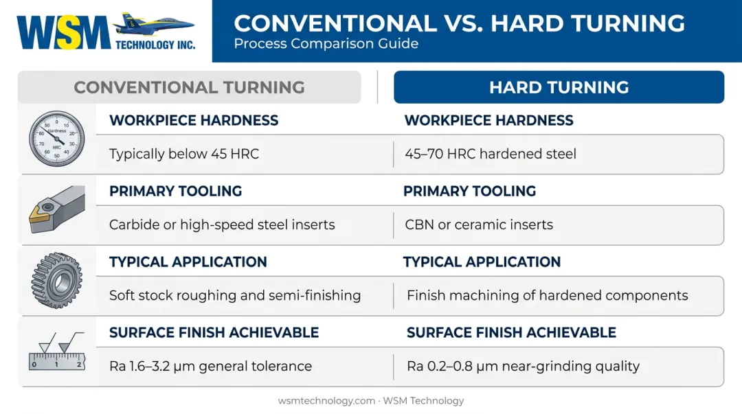 Hard turning versus conventional turning four-factor side-by-side comparison infographic