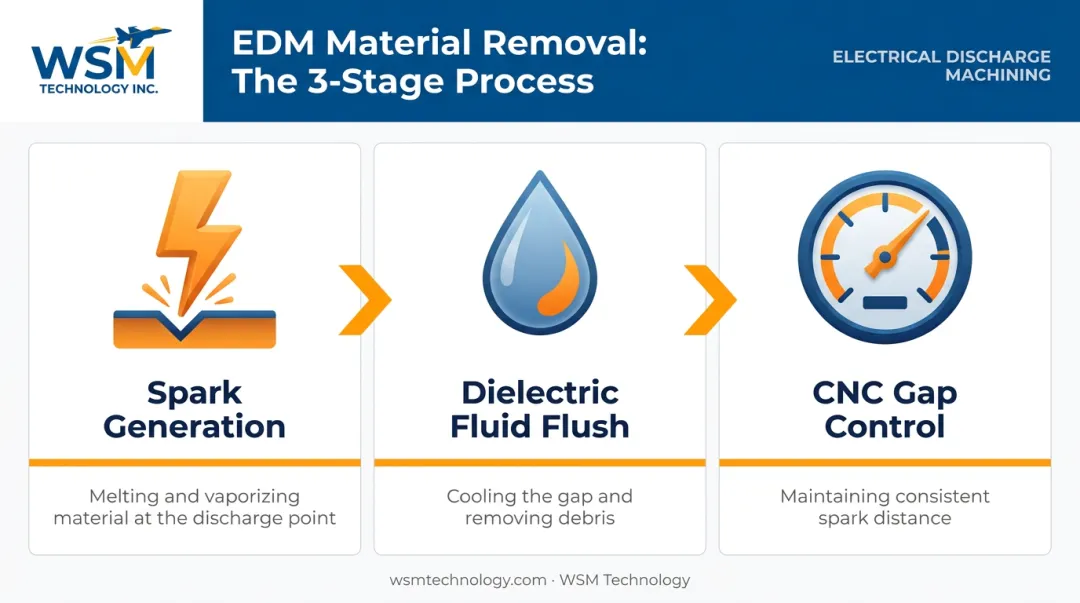 3-step EDM spark erosion process from discharge to gap control