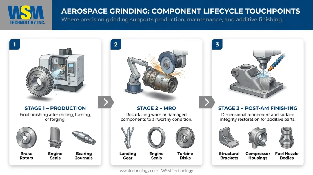 Aerospace component grinding lifecycle stages production MRO and post-AM finishing