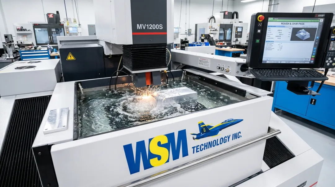 Mitsubishi submerged wire EDM machine cutting thick aluminum workpiece