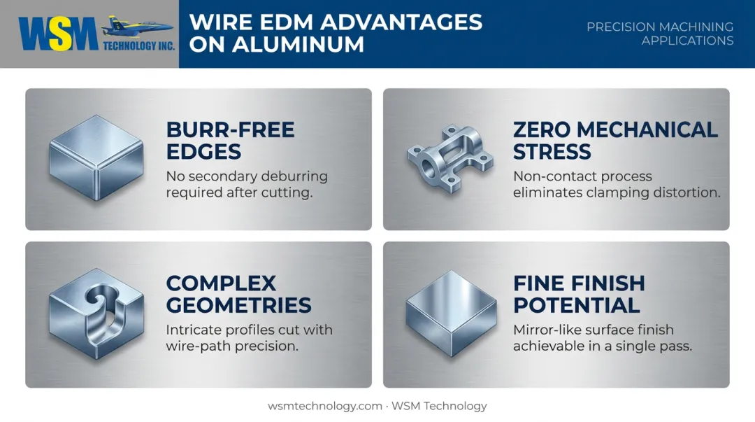 Four advantages of wire EDM for aluminum parts infographic