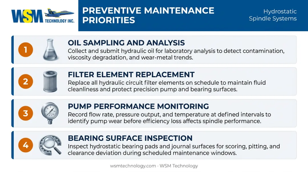 Hydrostatic spindle preventive maintenance four priority checklist infographic