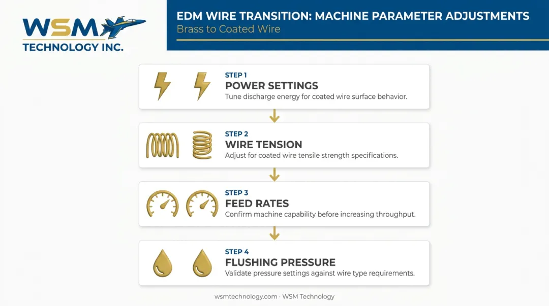 Four-parameter EDM machine adjustment process for switching to coated wire