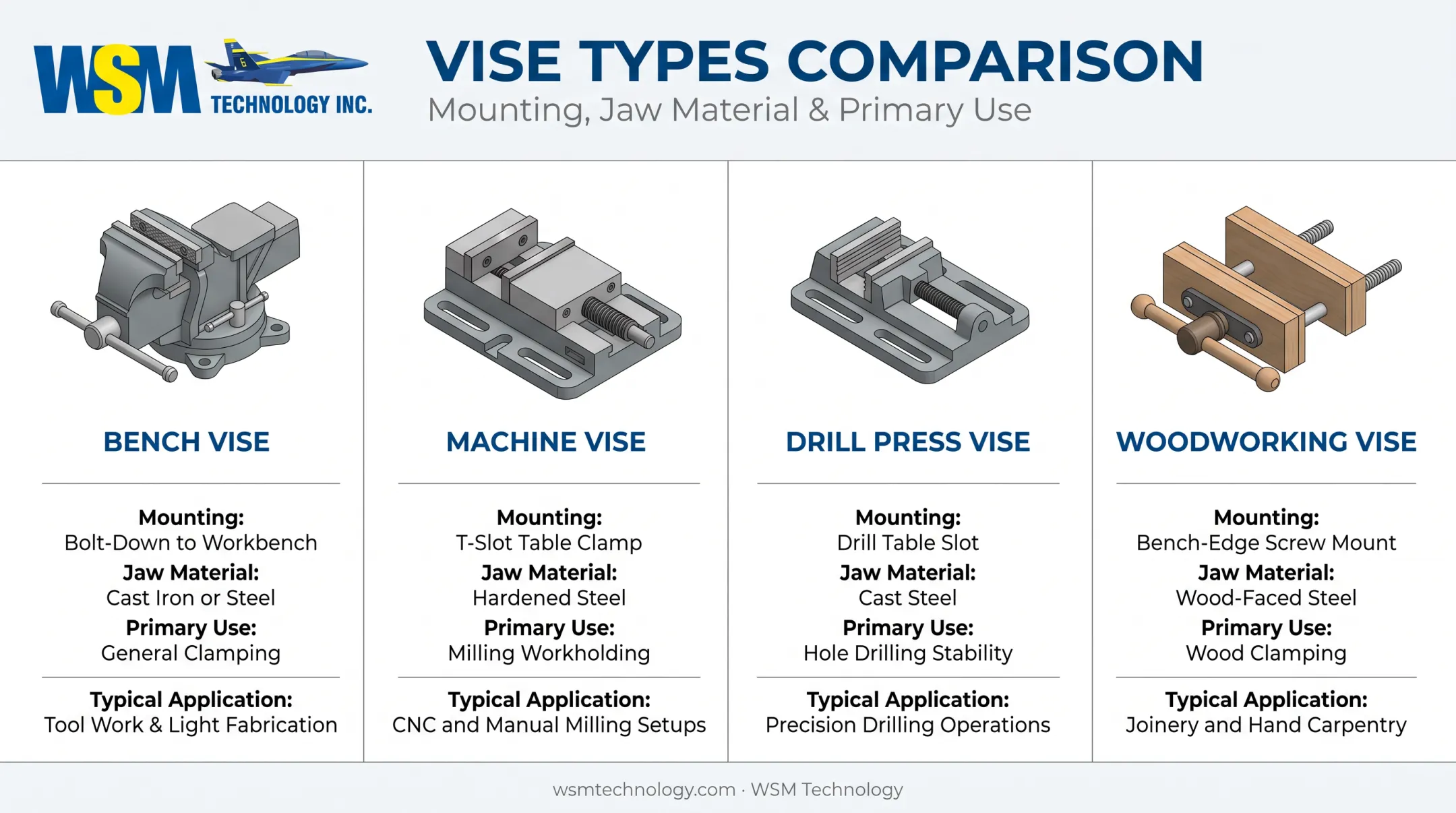 Four main vise types comparison bench machine drill press woodworking