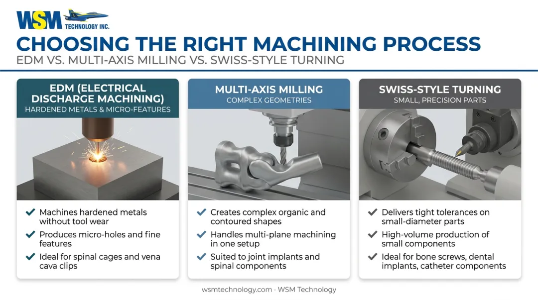 EDM versus multi-axis milling versus Swiss turning medical part applications comparison