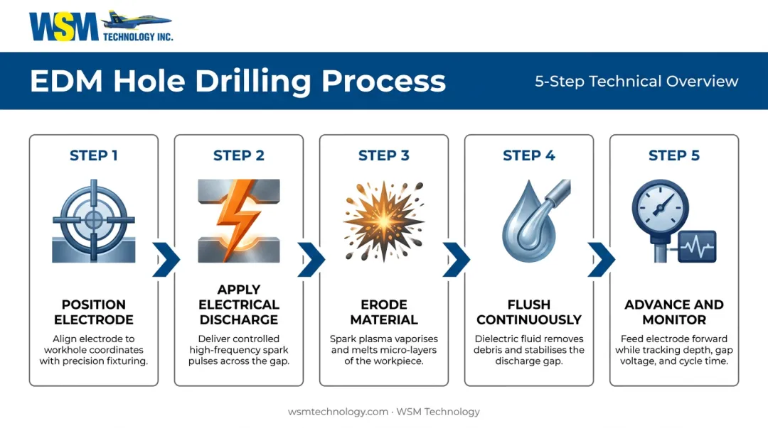 EDM micro hole drilling five-step process flow from electrode positioning to monitoring