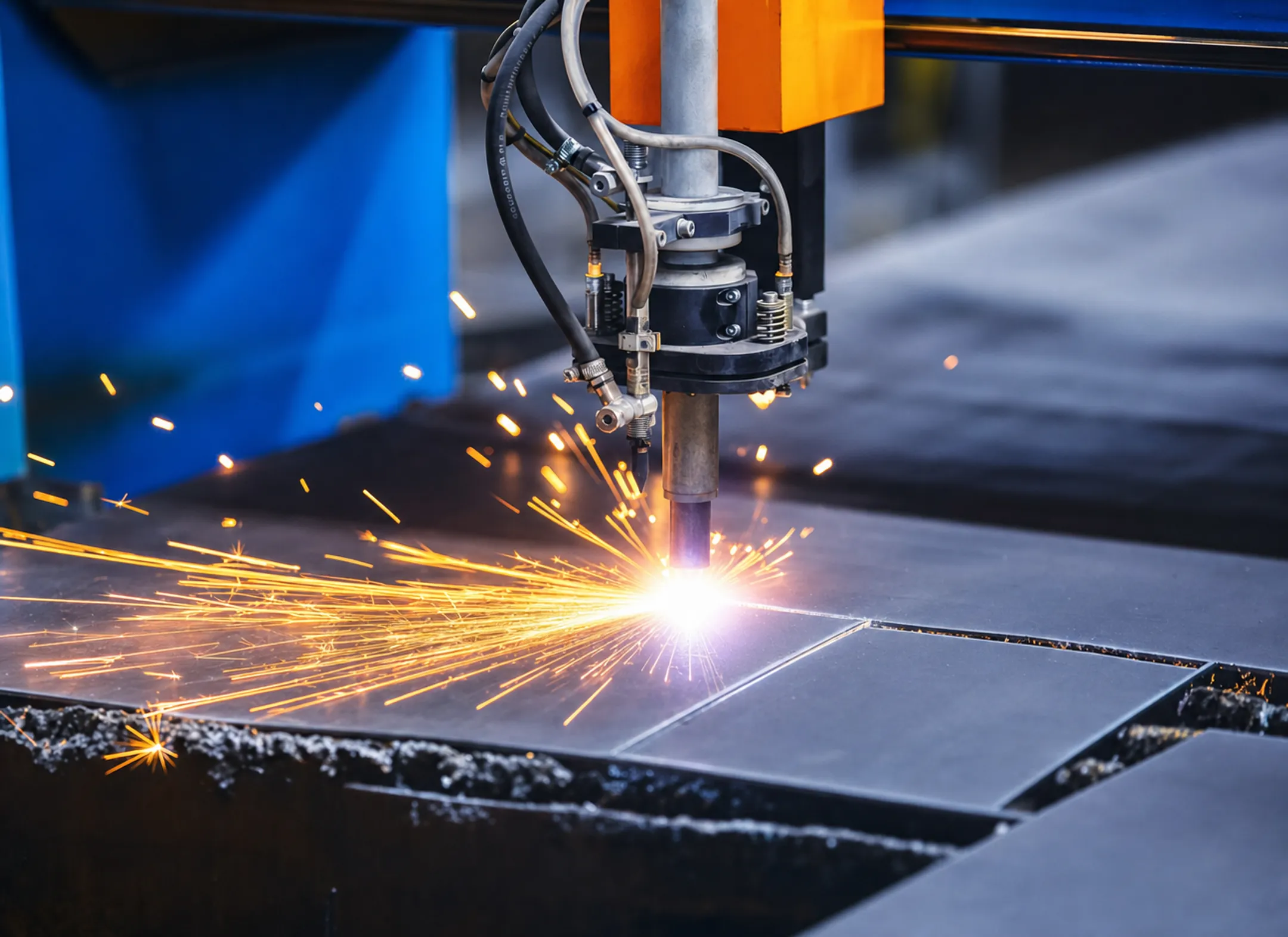 CNC plasma cutter slicing sheet metal with bright arc sparks
