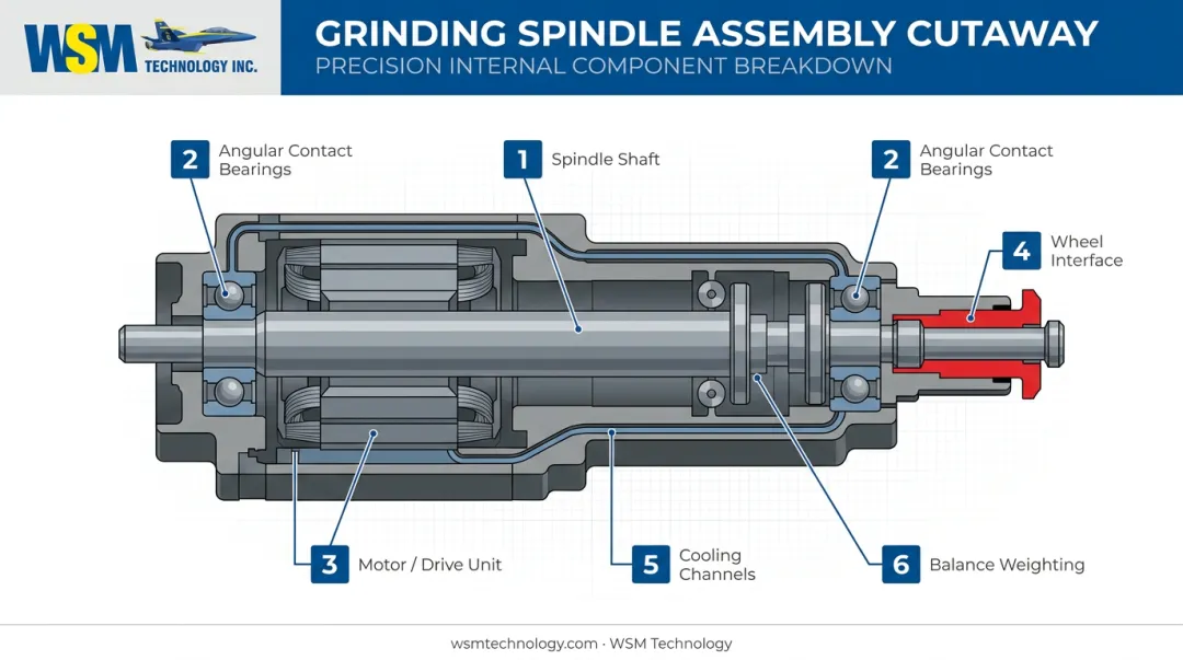 Internal grinding spindle cross-section labeled components diagram