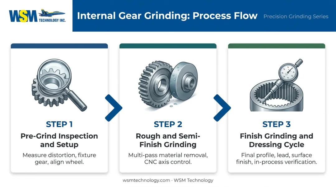 3-step internal gear grinding process flow from pre-grind inspection to finish grinding