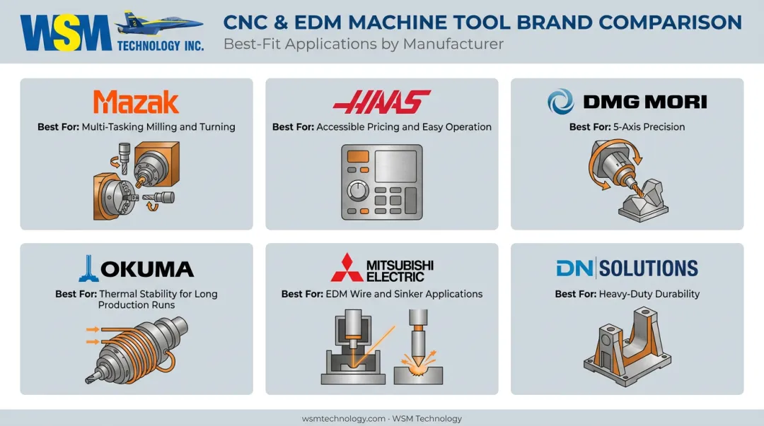 Comparison chart of six leading CNC machine brands and specialties