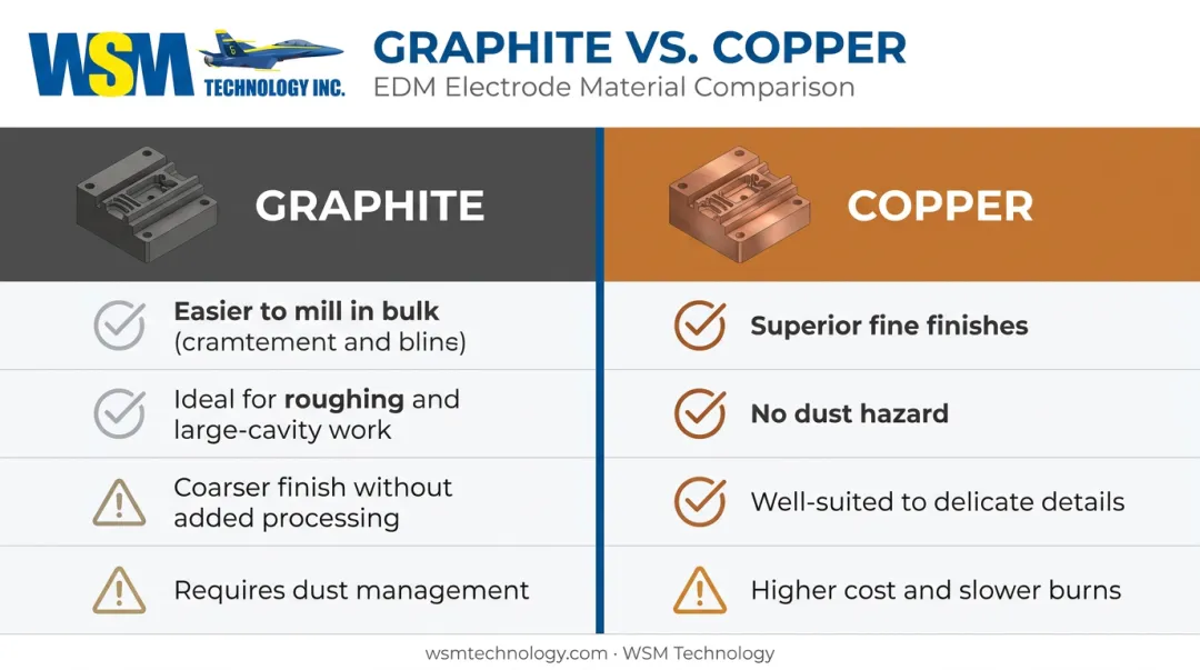 Graphite versus copper EDM electrode pros and cons comparison chart