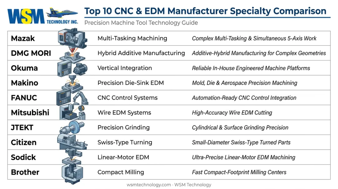 Comparison grid of top 10 Japanese CNC manufacturers by specialty and industry