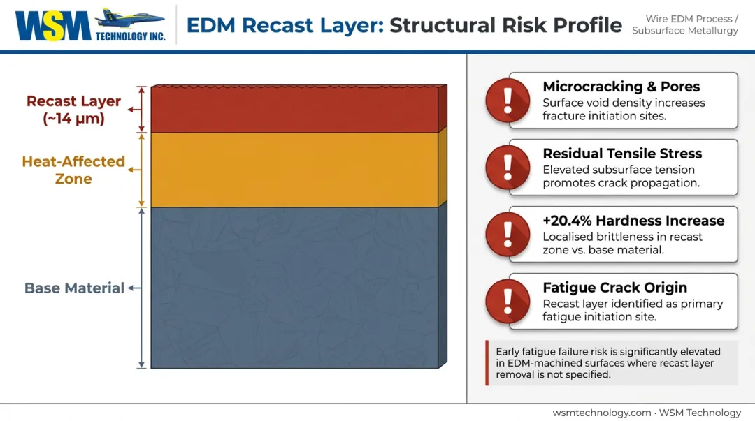 EDM recast layer structural risk diagram showing microcracking residual stress and fatigue data