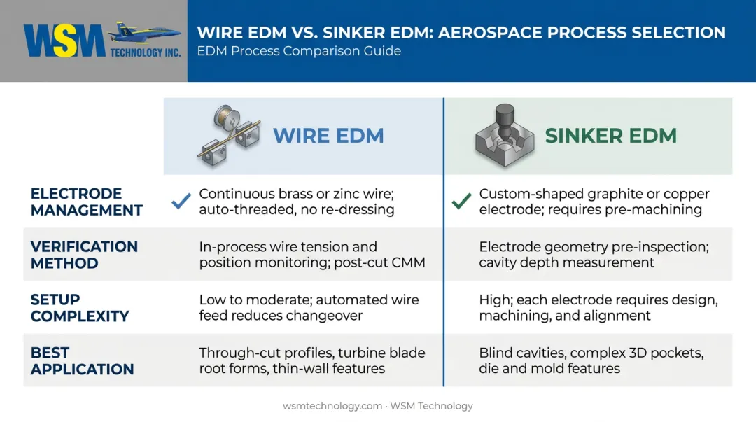 Wire EDM versus sinker EDM process comparison chart for aerospace component manufacturing