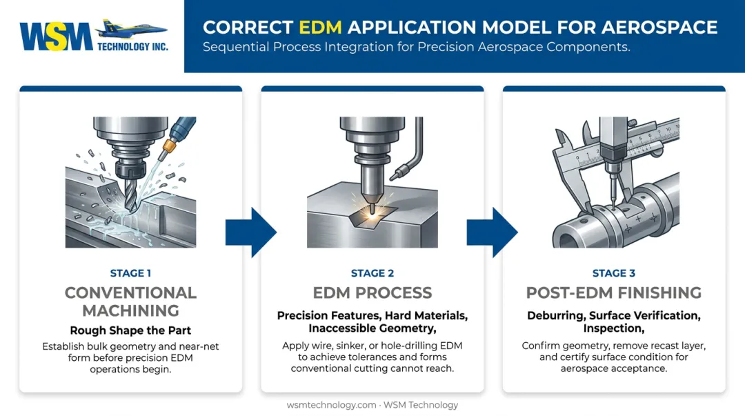 Three-stage aerospace EDM application model from conventional roughing to post-EDM finishing